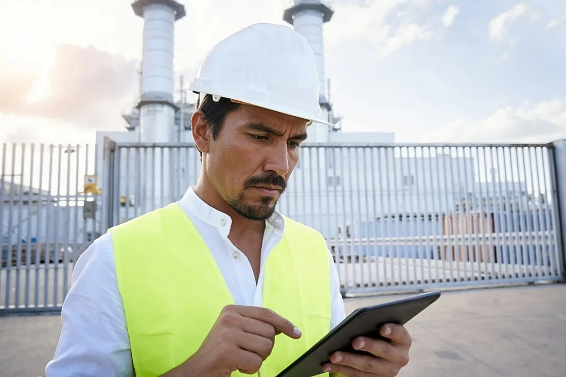 A technician in a hard hat reviewing data on a tablet at a communications site